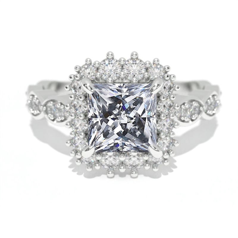 14K White Gold 1.5 Carat Princess Gray Moissanite Halo Engagement Ring