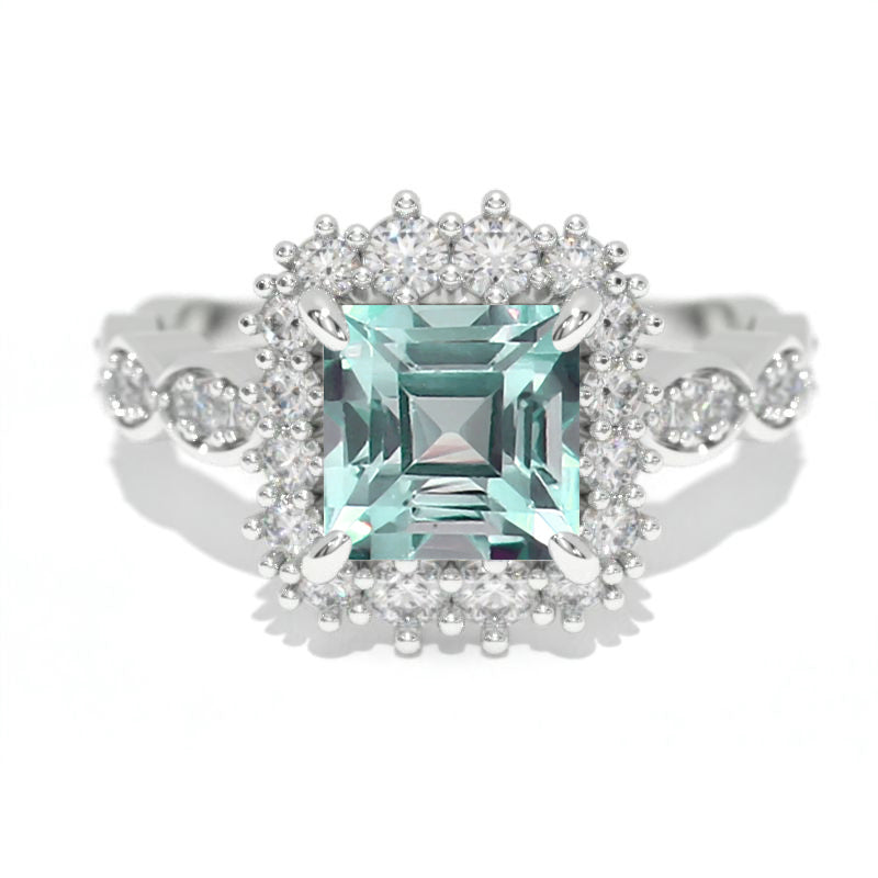 14K White Gold 1.5 Carat Princess Mint Sapphire Halo Engagement Ring