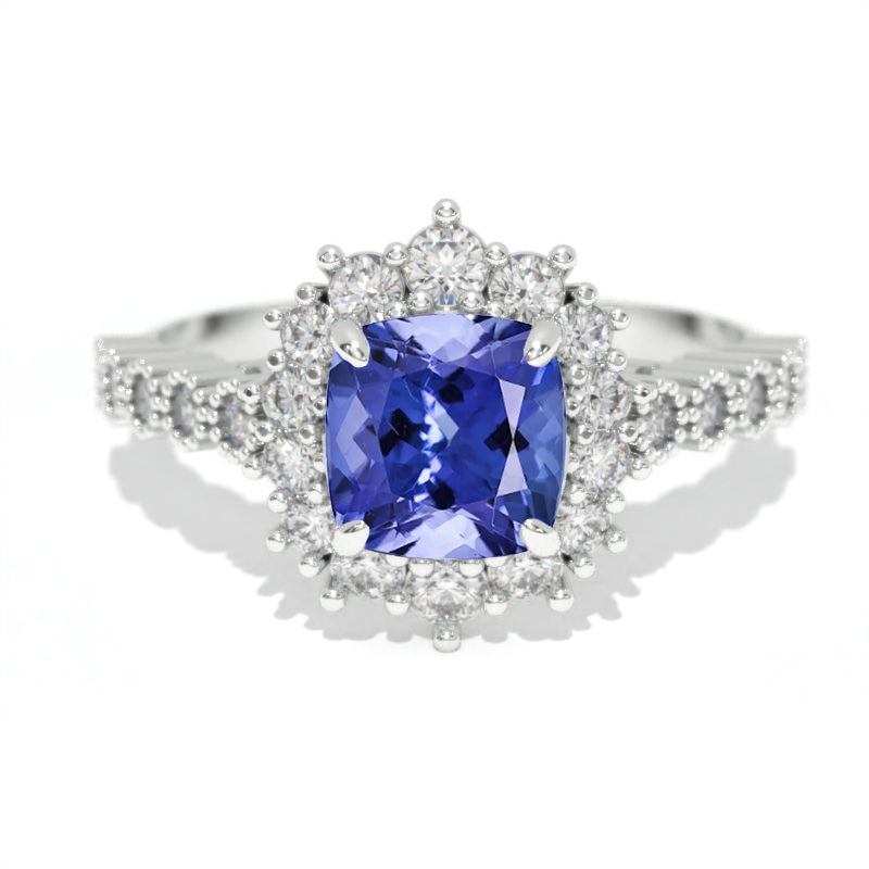 14K White Gold 1.2 Carat Cushion Natural Genuine Tanzanite Halo Engagement Ring