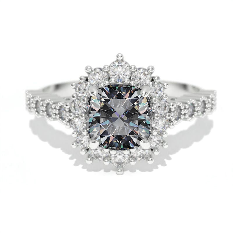 14K White Gold 1.2 Carat Cushion Gray Moissanite Halo Engagement Ring