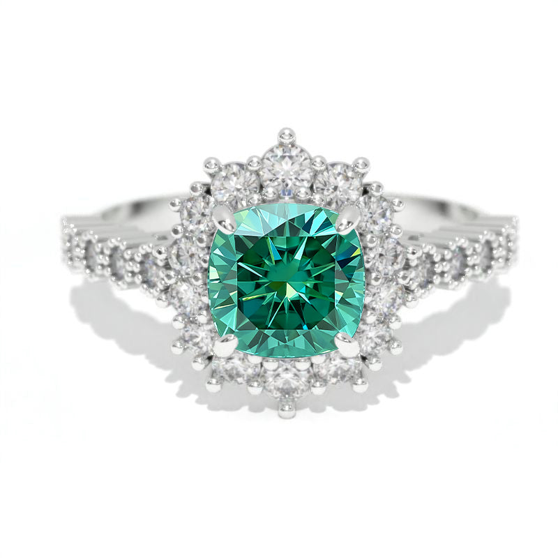 14K White Gold 1.2 Carat Cushion Green Moissanite Halo Engagement Ring