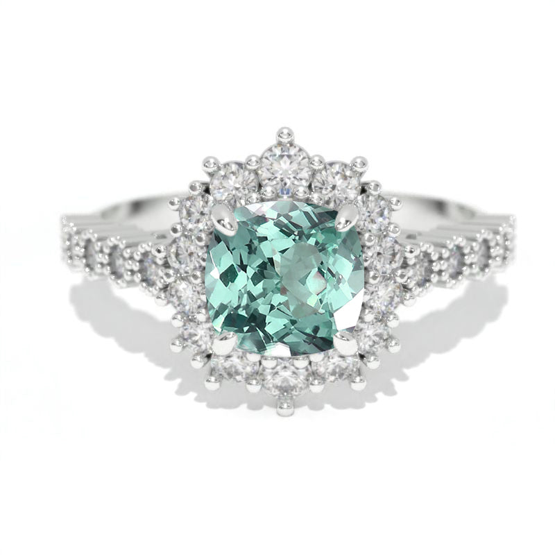 14K White Gold 1.2 Carat Cushion Mint Sapphire Halo Engagement Ring
