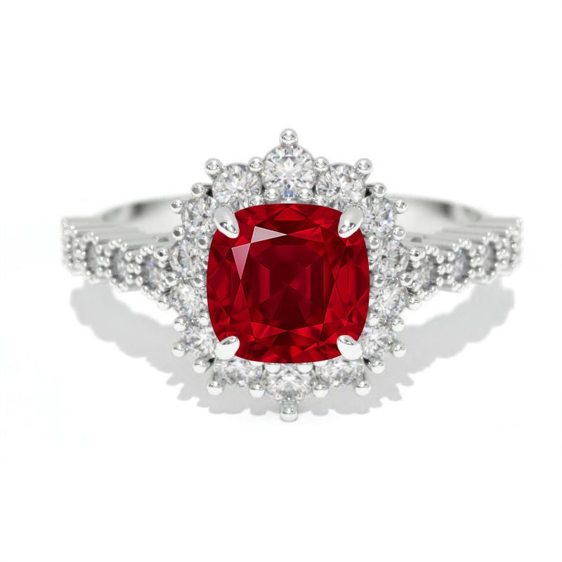14K White Gold 1.2 Carat Cushion Ruby Halo Engagement Ring