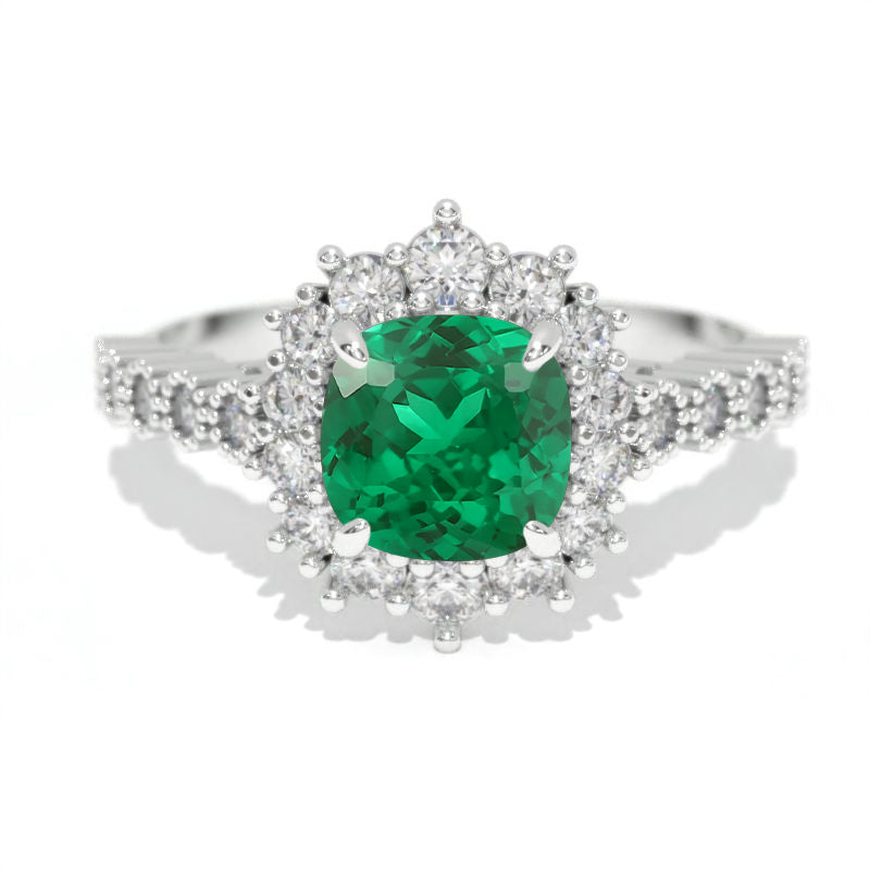14K White Gold 1.2 Carat Cushion Emerald Halo Engagement Ring