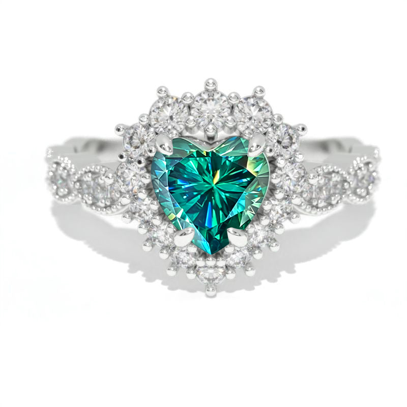 14K White Gold 1.5 Carat Heart Green Moissanite Halo Engagement Ring