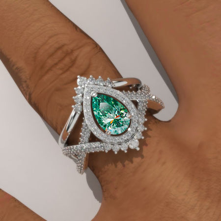 14K White Gold 1 Carat Pear Green Moissanite Halo Twisted Engagement Ring Eternity Ring Set Model 152-8x6