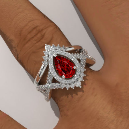 14K White Gold 1 Carat Pear Ruby Halo Twisted Engagement Ring Eternity Ring Set