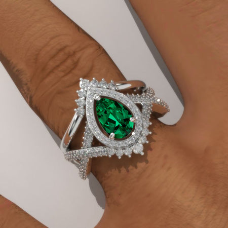 14K White Gold 1 Carat Pear Emerald Halo Twisted Engagement Ring Eternity Ring Set Model 152-8x6