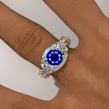 1.5 Carat Royal Blue Sapphire Gold Floral Engagement Ring Model 7