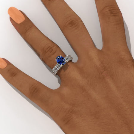 14K White Gold  2 Carat Oval Royal Blue Sapphire Engagement Ring Eternity Ring Set Model 705