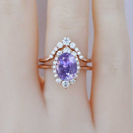 3 Carat Oval Purple Sapphire Halo Engagement Ring, Promise Ring For Her,  Purple Sapphire Wedding Ring, 14K Gold Oval Purple Sapphire Engagement Ring Set