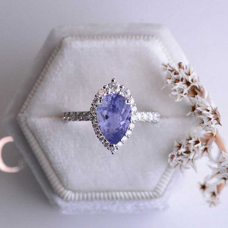 14K Solid White Gold 3 Carat Alexandrite Pear Cut Halo Purple Sapphire and Purple Sapphire Accents Ring
