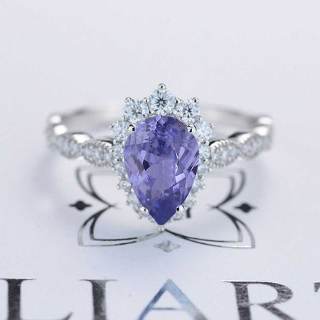 14K White Gold 3 Carat Pear Purple Sapphire Halo Engagement Ring