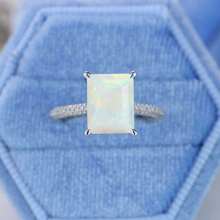 5ct Emerald Shaped Step Cut Genuine White Opal Ring, 5 Carat Genuine White Opal Engagement Ring, Natural Genuine White Opal Pave Accent Stones Hidden Halo Ring