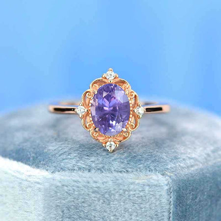 14K Rose Gold 2 Carat Oval Purple Sapphire Halo Engagement Ring