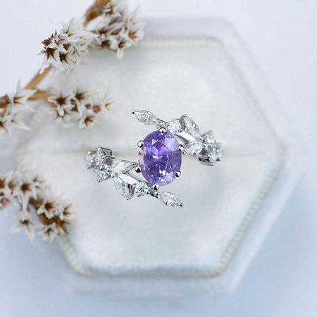 1.5 Carat Oval Purple Sapphire Floral 14K White Gold Engagement  Ring