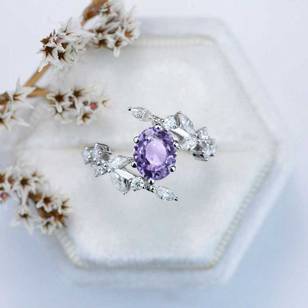 2 Carat Oval Purple Sapphire Floral 14K White Gold Engagement  Ring
