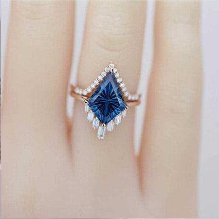 14K Gold 5 Carat Kite Fantasy Cut Alexandrite Halo Engagement Ring, Eternity Ring Set. Fairy Tale Non traditional Ring