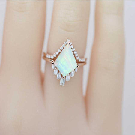 14K Gold 5 Carat Kite Genuine White Opal Halo Engagement Ring, Eternity Ring Set. Fairy Tale Nontraditional Ring