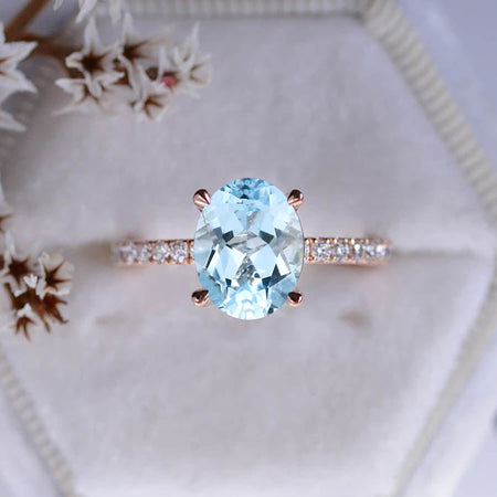 3 Carat Carat Oval Genuine Natural Aquamarine Ring, Hidden Halo Gold Engagement Ring
