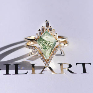 14K Gold 4 Carat Kite Genuine Moss Agate Halo Engagement Ring, Eternity Ring Set
