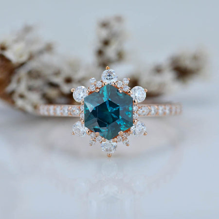 3 Carat Hexagonal Teal Sapphire Halo Engagement Ring. Victorian 14K Rose Gold Ring