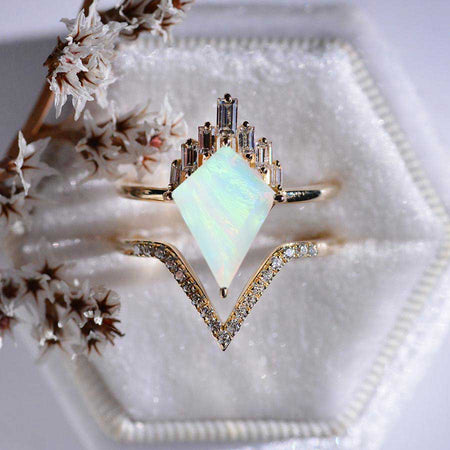 14K White Gold 4 Carat Kite Genuine White Opal Halo Engagement Ring, Eternity Ring Set