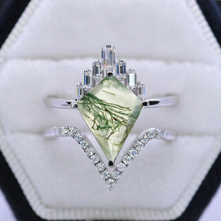 14K White Gold 4 Carat Kite Genuine Moss Agate Halo Engagement Ring, Eternity Ring Set