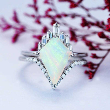 14K Gold 5 Carat Kite Genuine White Opal Halo Engagement Ring, Eternity Ring Set