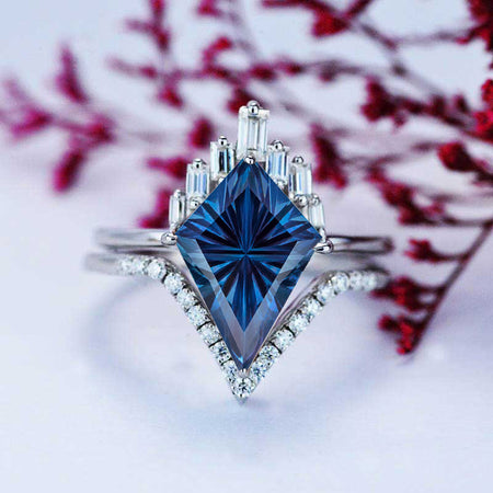 14K Gold 4 Carat Kite Fantasy Cut Alexandrite Halo Engagement Ring, Eternity Ring Set