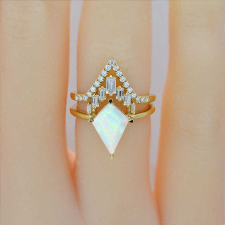 3 Carat Kite Genuine White Opal Halo 14K Gold  Engagement Ring, Eternity Ring Set