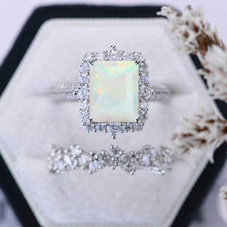 4Ct Genuine White Opal Engagement Ring Halo Emerald Cut Genuine White Opal Engagement Ring