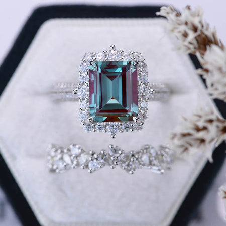 3 Carat Alexandrite Engagement Ring Halo Emerald Cut Alexandrite Engagement Ring, 9x7mm Step Cut Alexandrite Engagement Ring with Eternity Band