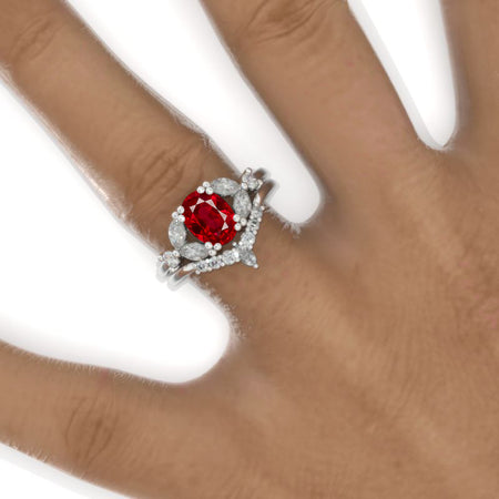 1.5 Carat Oval Ruby Cluster Halo 14K White Gold Floral Engagement Ring Set