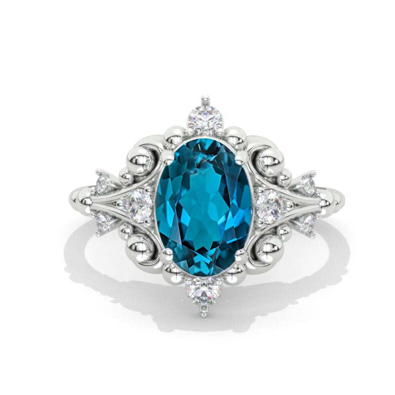 3 CT Oval Halo London Blue Topaz Vintage Wedding Ring. 14K White Gold Engagement Ring Anniversary Ring, Halo Ring 997