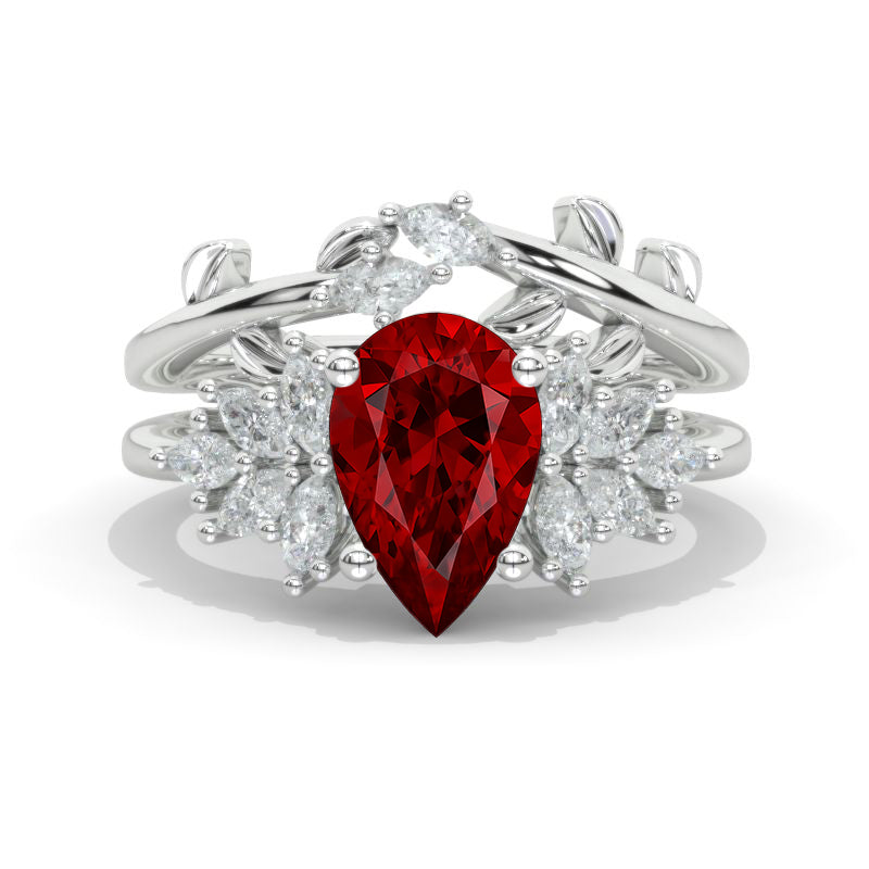 3CT Pear Shape Moissanite Engagement Ring Set, 3 Carat Pear Floral Twig Design 14K White Gold,
