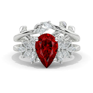 3CT Pear Shape Moissanite Engagement Ring Set, 3 Carat Pear Floral Twig Design 14K White Gold,
