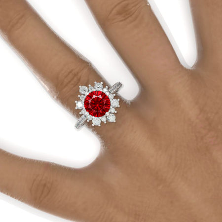 2 Carat Round Ruby Snowflake Halo Engagement Ring Victorian 14K White Gold Ring