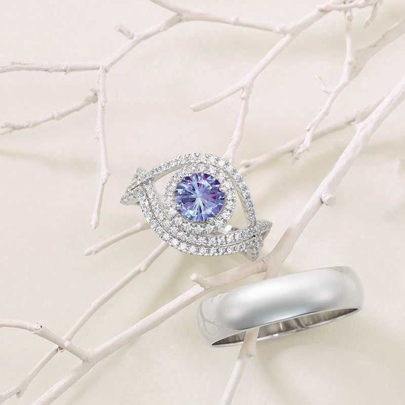 1.0 Carat Fireworks Cut Alexandrite Halo Engagement Ring I 14K White Gold-66 Accent Stones