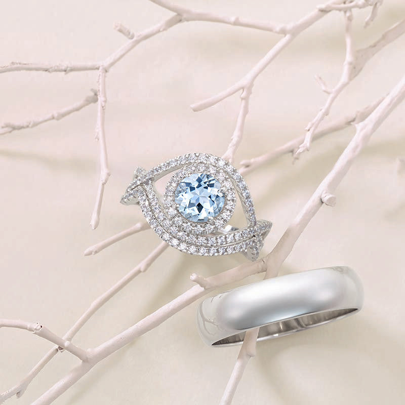 1.0 Carat Genuine Natural Aquamarine Halo Engagement Ring I 14K White Gold-66 Accent Stones