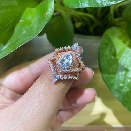 Luxury Genuine Natural Aquamarine Ring Set, 2ct Pear Cut Genuine Natural Aquamarine Ring Set, Rose Gold Ring Unique Curved Marquise Cut Ring