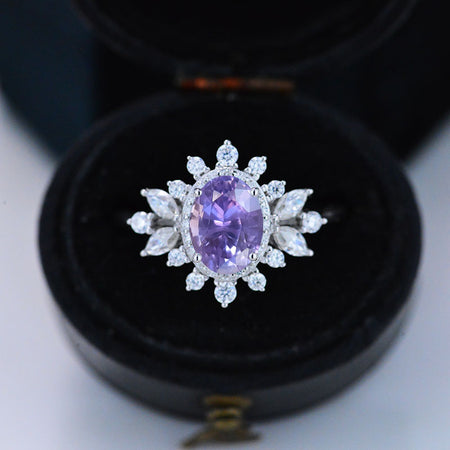 14K White Gold 1.5 Carat Oval Lavender Purple Sapphire Snowflake Halo Engagement Ring