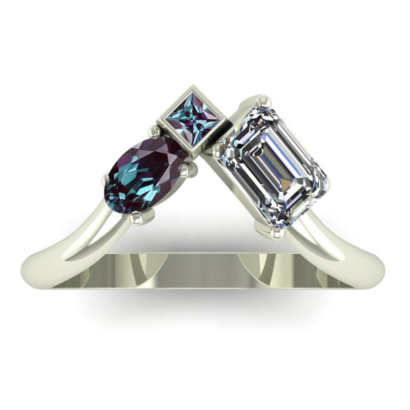 Cluster Pear Oval Emerald Shaped Alexandrite Moissanite Engagement Ring 14K White Gold Ring