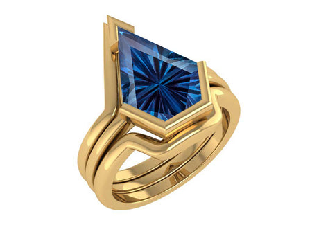 Shield Fantasy Cut 14K Gold Yellow 4 Carat Kite Alexandrite Unique Engagement Ring, Plain Eternity Ring Set Three Rings Set