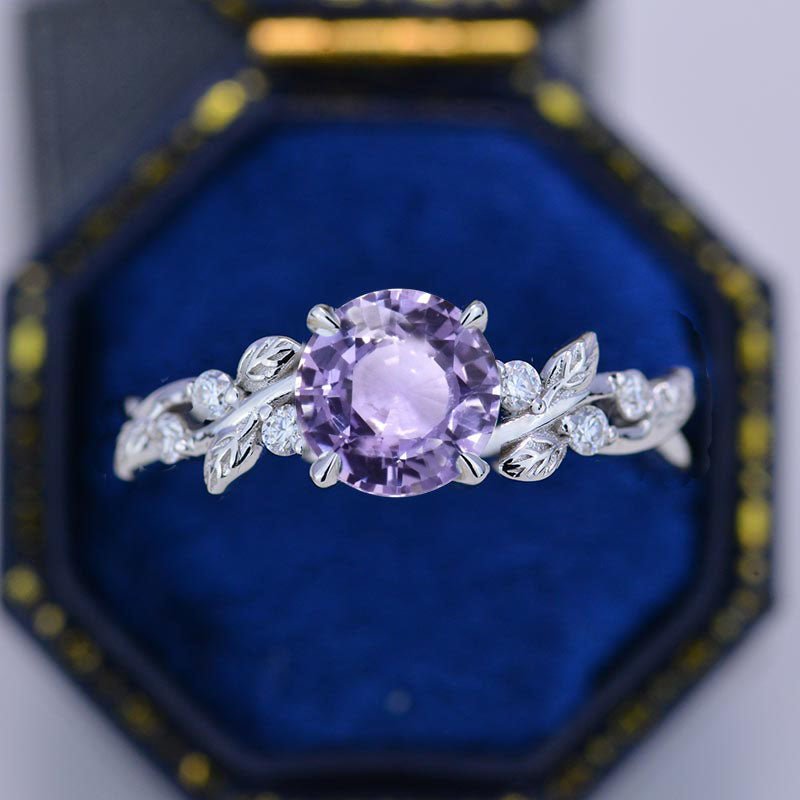 lavender flower ring 1.7 Carat Round Lavender Sapphire Floral White Gold Engagement Ring Mo