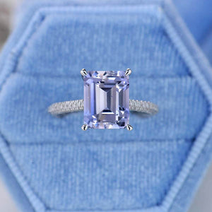 5ct Emerald Shaped Step Cut Lavender Purple Sapphire Ring, 5 Carat Purple Sapphire Engagement Ring. Lavender Purple Sapphire Pave Accent Stones Hidden Halo Ring