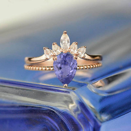 3 Carat  Pear Cut Lavender Purple Sapphire White Gold  Ring- Two Ring Set