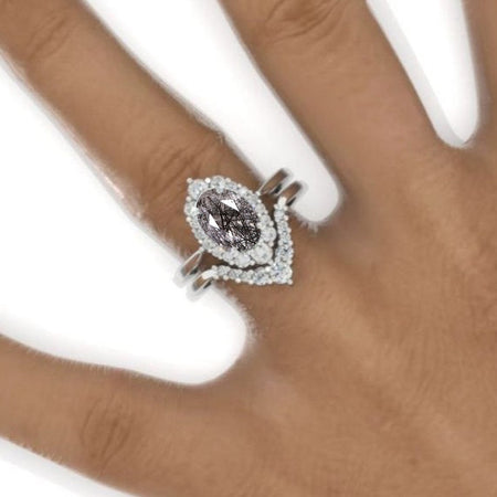3 Carat Oval Rutilated Quartz Halo Engagement Ring, Promise Ring For Her, Natural Rutilated Quartz Wedding Ring, 14K Gold Oval Moissanite Engagement Ring Set