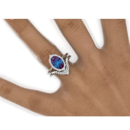 Oval 10x8 Fireworks Cut Alexandrite Halo Engagement Ring, Promise Ring For Her ,Fireworks Cut Alexandrite Wedding Ring, 14K Gold Oval Alexandrite Engagement Ring Set