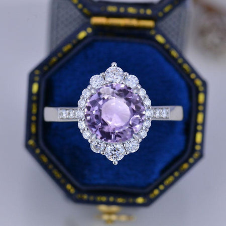 3 Carat Round Lavender Purple Sapphire Halo Gold Engagement Ring